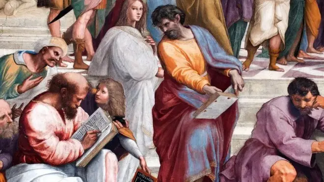 Le philosophe Héraclite (à droite, au bureau) est représenté dans le chef-d'œuvre de Raphaël L'École d'Athènes