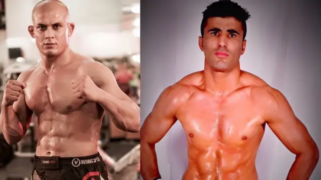 احمد ولي هوتک (ښي اړخ) بازمحمد مبارز ته د سیالۍ چېلنج ورکړ او هغه ومنله چې د حمل/وري ۳۰ به سره ډګر ته ځي