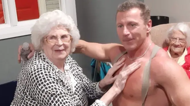 Joan, 89, got hands-on with the stripping "fireman" at her care home