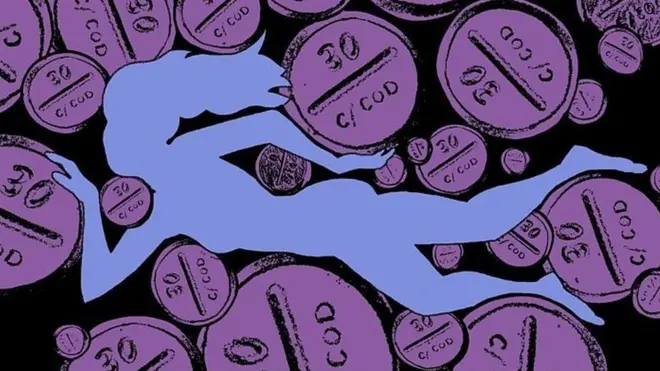 An illustration of a woman swimming through a sea of painkillers