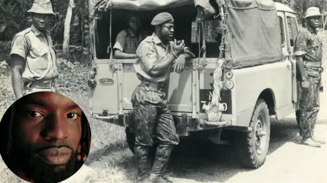 Meji Alabi in a circle and his grandfather holding a two-way radio behind a vehicle