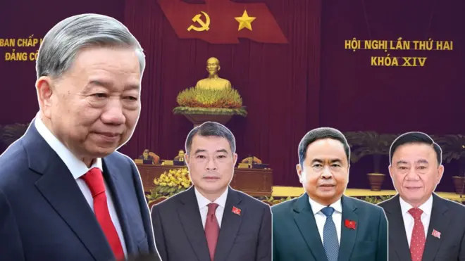 Ảnh thiết kế: (từ trái qua) ông Tô Lâm, ông Lê Minh Hưng, ông Trần Thanh Mẫn, ông Trần Cẩm Tú, phía sau là hội trường Hội nghị Trung ương 2 khóa 14