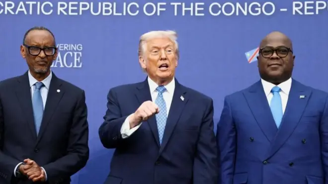 የሩዋንዳ ፕሬዚዳንት ፖል ካጋሜ፣ የአሜሪካ ፕሬዚዳንት ዶናልድ ትራምፕ እና የዲሞክራቲክ ሪፐብሊክ ኮንጎ ፕሬዚዳንት ፌሊክስ ቲሺሴኬዲ