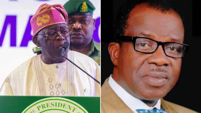 Collage of President Tinubu and Albert Owuru