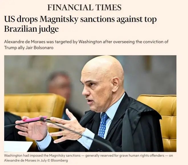Print de notícia do Financial Times sobre Moraes 
