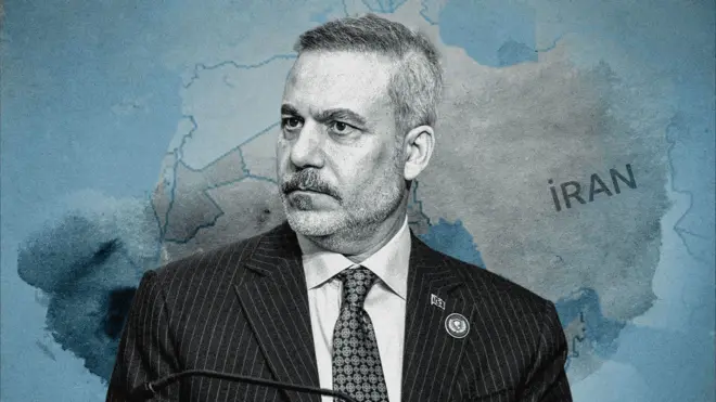 İllüstrasyon Hakan Fidan'ı ve arkada İran da dahil Ortadoğu haritasını gösteriyor