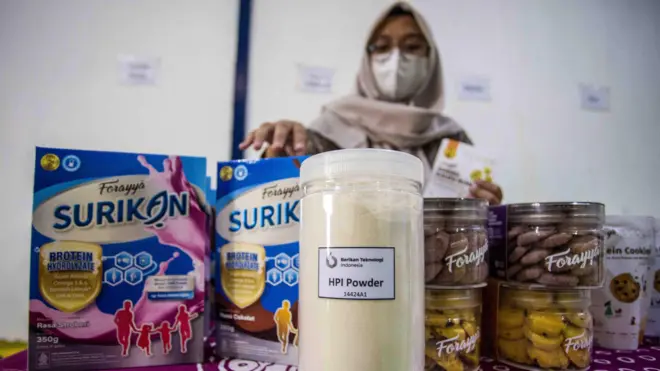 Pekerja menunjukkan produk makanan dari ekstrak protein ikan atau Hidrolisat Protein Ikan (HPI) di PT Berikan Bahari Indonesia di Kandanghaur, Indramayu Jawa Barat, Rabu (18/09). Kementerian Kelautan dan Perikanan menegaskan produk hidrolisat protein ikan mampu mendukung program Makan Bergizi Gratis untuk mewujudkan Generasi Emas Indonesia.