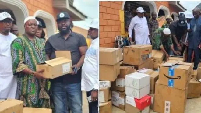 Awọn eeyan Esinele n gba ohun elo ilera lọwọ adari ẹgbẹ City Boys Movement ni ipinlẹ Oyo