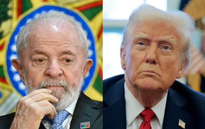 Montagem com fotos de Lula, à esquerda, e Trump à direita