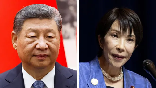 中国の習近平主席と日本の高市早苗首相の顔が並んでいる