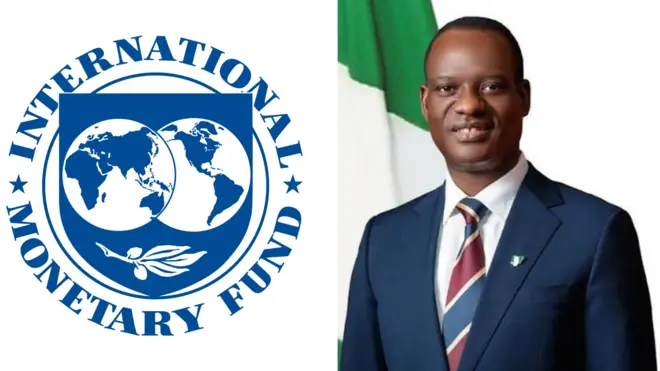 Collage of IMF logo and Nigeria's Minster of Finance, Taiwo Oyedele