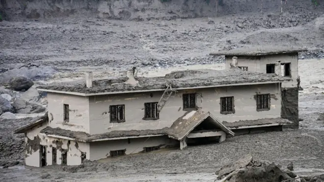An aftermath view of flash floods and mudslides along the Trishuli River in Nuwakot, Nepal, on August 26, 2026. 