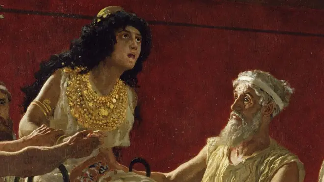 "El Oráculo", pintado por Camillo Miola en 1880, con la Pitia sentada sobre un trípode rodeada de sacerdotes u oficiantes, en el oráculo de Delfos.