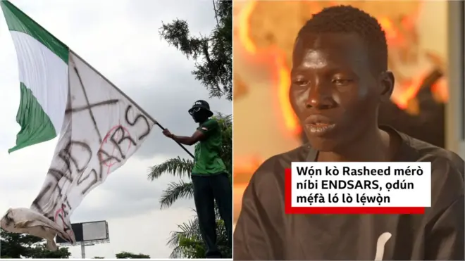 Aworan oluwọde EndSARS kan pẹlu aṣia Naijiria lapa osi, aworan Rasheed wa lapa ọtun