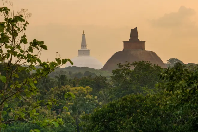 Ruwanweliseya and Jetawanaramaya stupas or dagobas seen together over the tree canopy, Anuradhapuraya, Sri Lanka.