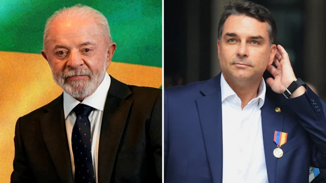 Montagem com foto de Lula e Flávio Bolsonaro