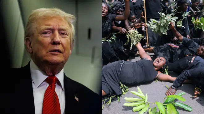 Aarẹ Trump ati aworan obinrin kan ninu aṣọ ọfọ.