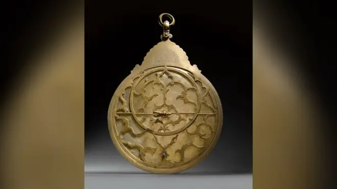Image of the monumental brass astrolabe commissioned for Mughal nobleman Aqa Afzal in Lahore in the 17th Century. 