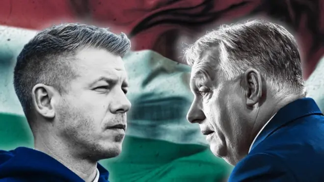 Колаж - фото Орбана і Мадяра крупним планом, які дивляться один на одного на тлі угорського прапора