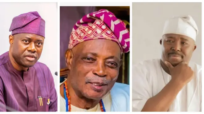 Gomina Seyi Makinde lapa osi, Ọba Rasidi Ladoja (Olubadan) laaarin pẹlu Senetọ Sharafadeen Alli lapa ọtun.