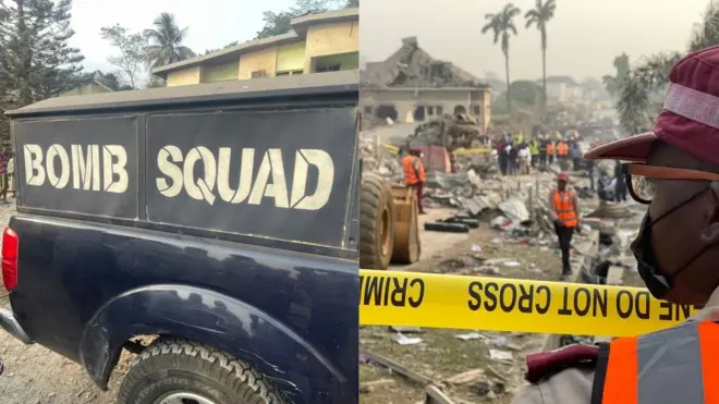 Aworan ọkọ ikọ agbogunti iṣẹlẹ ado oloro nileeṣẹ ọlọpaa Naijiria ati ibi ti ibugbamu naa ti waye