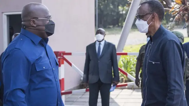 Perezida Tshisekedi na Paul Kagame mu kwezi kwa Kamena(6) 2021 ku Gisenyi mu Rwanda, ubwo umubano wa bombi wari mwiza 