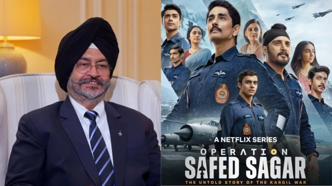 ਇੱਕ ਕੰਪੋਜ਼ਟ ਫੋਟੋ ਵਿੱਚ ਬੀਰੇਂਦਰ ਸਿੰਘ ਧਨੋਆ ਅਤੇ ਓਪਰੇਸ਼ਨ ਸਫੇਦ ਸਾਗਰ ਦਾ ਪੋਸਟਰ।