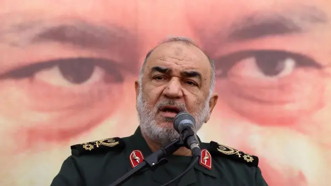 Hossein Salami, the commander of Islamic Revolutionary Guard Corps who was killed in an Israeli strike on 12 June, is pictured here delivering a speech in uniform