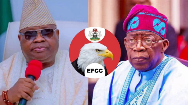 Foto gosiri njiri mara ụlọọrụ EFCC, Gọvanọ Oshun steeti bụ Ademola Adeleke na Onyeisiala Bola Tinubu.