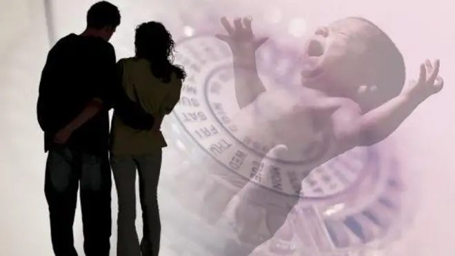 Колаж, на якому зображений чорний силует хлопця і дівчини, на задньому фоні - календар вагітності і новонароджена дитина, яку тримають на руках. 