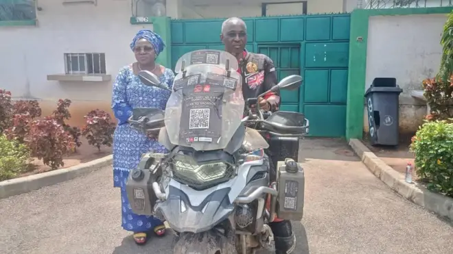 Aṣoju Naijiria ni Benin, Arabinrin Mopelola Ibrahim ati Olatunji Emmanuel Okedeyi to gun ọkada lati London wa si Benin to si pada de Naijiria