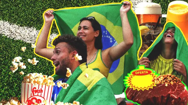 Montagem no fundo de campo de futebol mostra torcedores brasileiros e alimentos como pipoca, carne e cerveja 