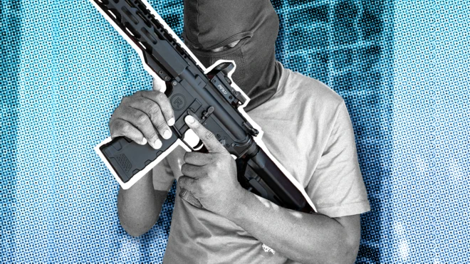 Стилизованное изображение члена банды на Гаити в маске на голове и с винтовкой, один глаз которого частично виден через прорезь