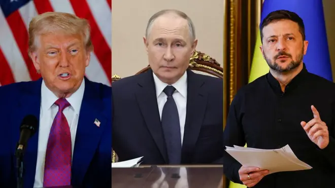 Коллаж: Дональд Трамп, Владимир Путин, Владимир Зеленский