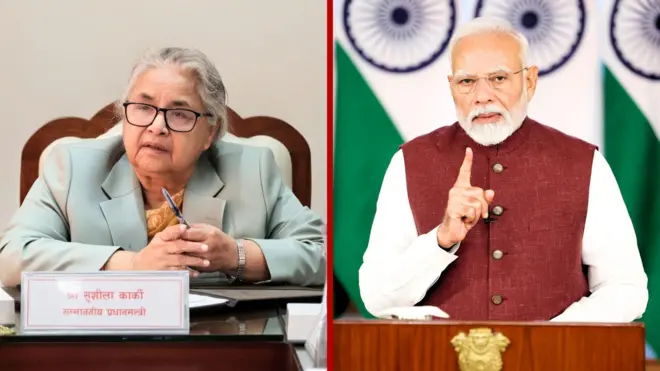 नेपालकी प्रधानमन्त्री सुशीला कार्की (बायाँ) र भारतीय समकक्षी नरेन्द्र मोदी