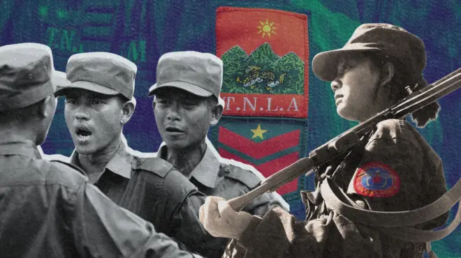 တအောင်းတပ် TNLA နဲ့ သူ့မဟာမိတ်ဖြစ်တဲ့ အာရက္ခ တပ်တော် အေအက စစ်သမီးနဲ့ မိုးကုတ်အပါအဝင် မတ္တရာ စဉ့်ကူး သပိတ်ကျင်းမြို့နယ်တွေက တပ်ရင်းတွေဖွဲ့စည်းထားတဲ့ TRI ဗျူဟာက တပ်ဖွဲ့ဝင်တွေရဲ့ သင်တန်းဆင်းပွဲပုံကို အဖြူ အစိမ်း အနီရောင်တွေနဲ့ ပေါင်းစပ်ထားတဲ့ ဓာတ်ပုံ 