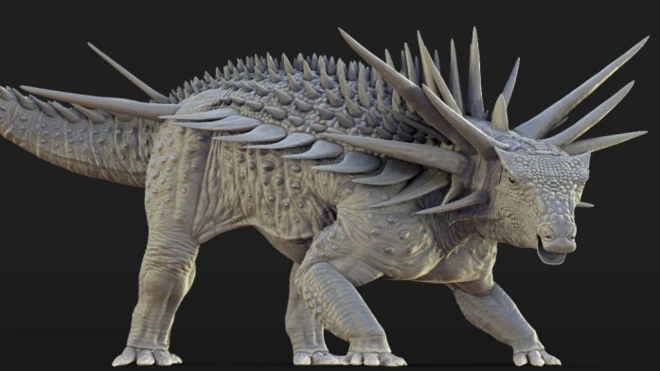 The dinosaur has brown green skin against a black background. Its face is like a crocodile with prominent spikes coming out of its neck and the top of its head - with smaller spikes running down its back