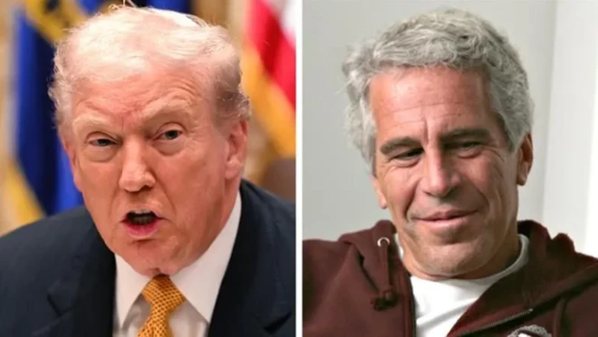 Trump, en primer plano a la izquierda; en otra foto, a la derecha, Jeffrey Epstein.