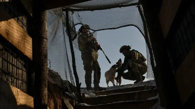 Два украинских солдата и собака в Запорожской области