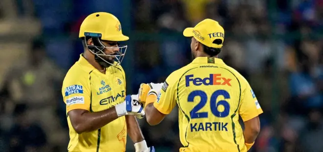 கேபிட்டல்ஸுக்கு எதிராக சஞ்சு சாம்சன் - கார்த்திக் ஷர்மா ஜோடி 114 ரன்கள் எடுத்து சூப்பர் கிங்ஸின் வெற்றியை உறுதி செய்தது