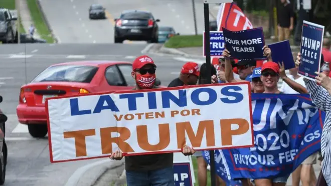 Pessoas usando bonés Make America Great Again (MAGA, "Faça a América Grande Novamente", em tradução livre) seguram cartazes à beira da estrada dizendo LATINOS, VOTEM EM TRUMP