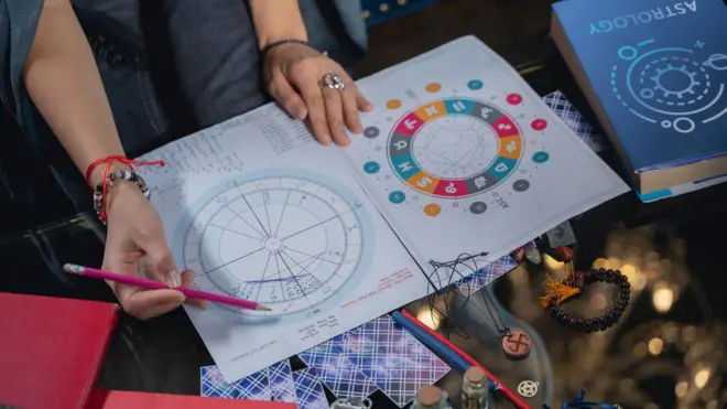 Photo recadrée de mains féminines reposant sur la table et tenant un crayon au-dessus d'un tableau astrologique coloré. Sur la table se trouvent des cartes éparpillées, un dé, d'autres livres et des crayons.