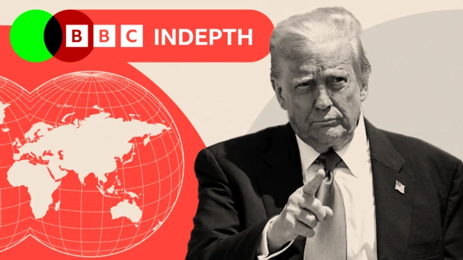 A treated image showing Donald Trump pointing and some globes showing different parts of the world