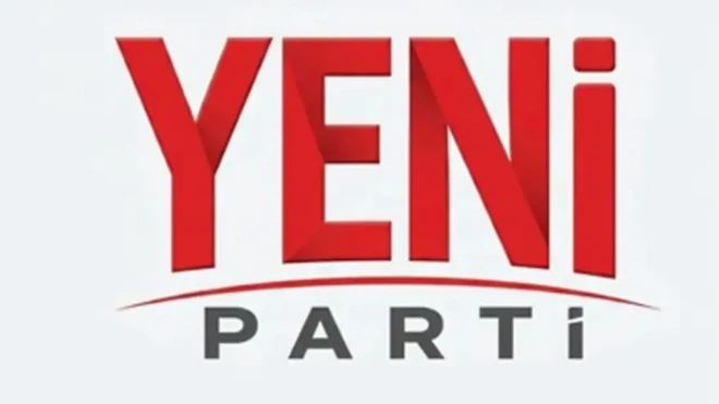 Yeni Parti yazan logo. Beyaz bir zemin üzerinde Kırmızı renkte Yeni yazıyor, altta Parti ifadesi var.