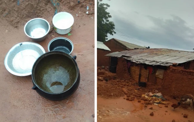 Fotos of di house wia dem die and pot, plates wey dem use chop di food