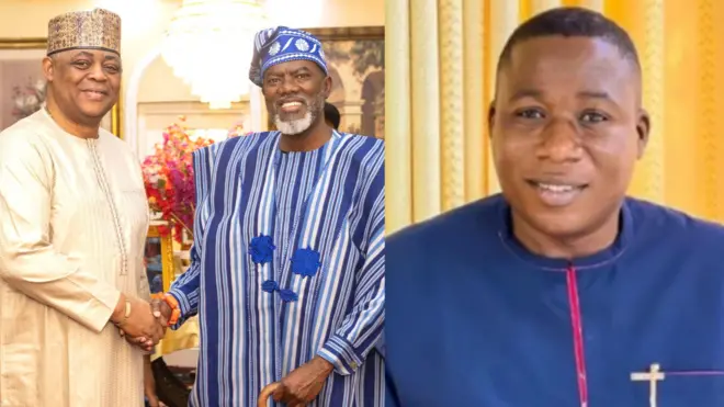 Femi Fani-Kayode wọ aṣọ buba Hausa pẹlu fila, o bọwọ pẹlu Reno Omokri to wọ agbada ofi pẹlu fila