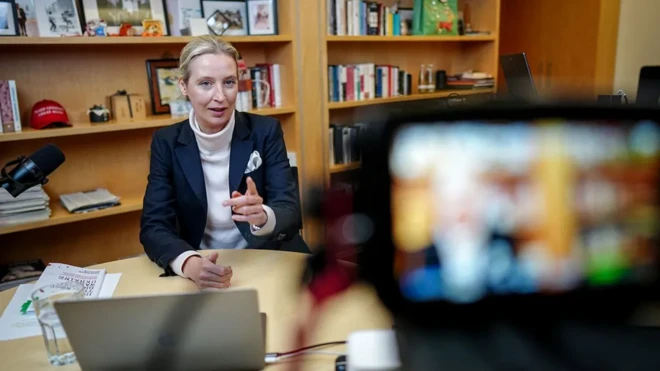 AfD co-leader Alice Weidel joined the interview virtually from her office in Berlin