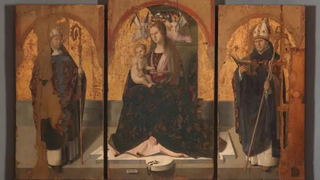 Three surviving panels of Antonello da Messina's San Gregorio Polyptych, showing the Virgin Mary and Christ, St Gregory and St Benedict