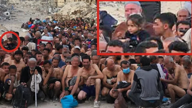 گروهی از مردان فلسطینی بازداشته روی زمین نشسته‌اند و برهنه با لباس زیر هستند در گوشه تصویر چهره دختربچه در میان آنها بزرگنمایی شده 