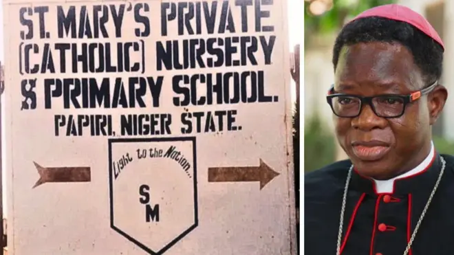 Collage image of di signpost of St Mary's School Papiri Nigeri State, and Bishop Bulus Yohana of di Catholic Diocese of Kotangora